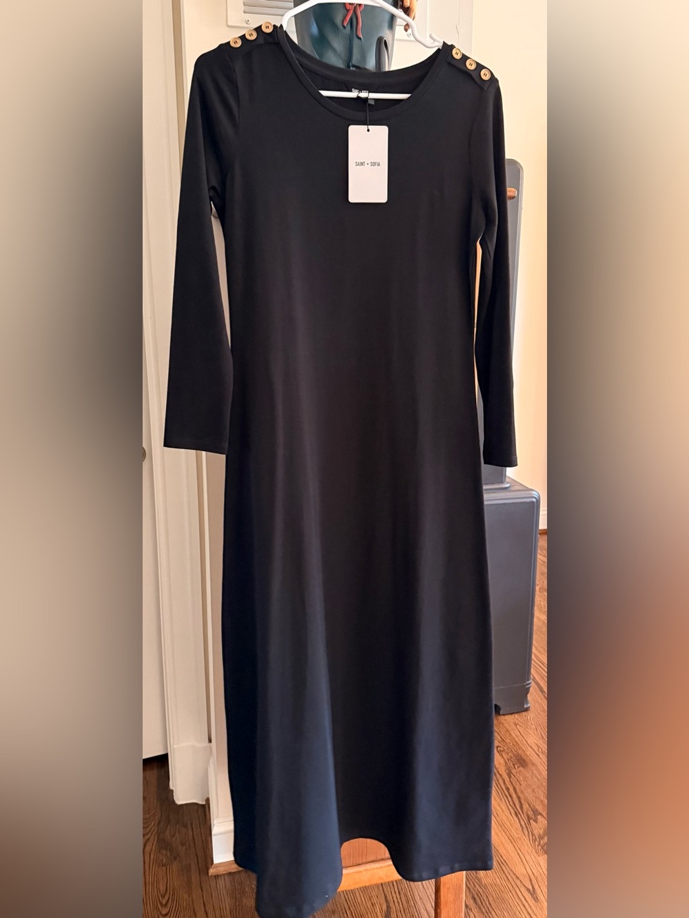 Black Long-Sleeve Maxi Dress with Shoulder Button Detail